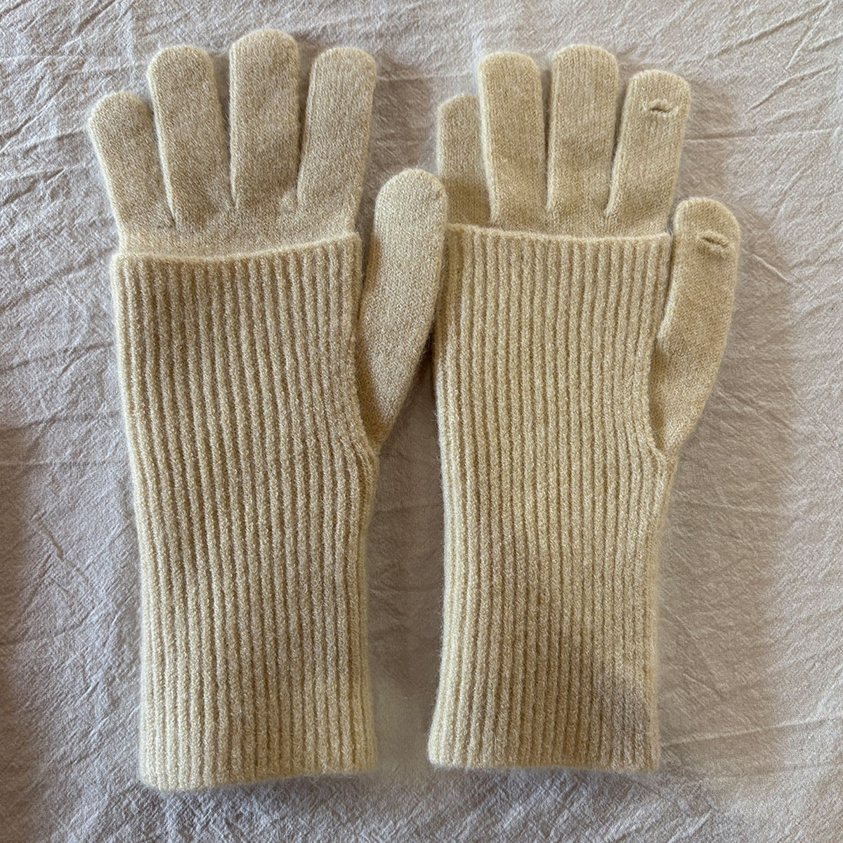 Convertible Fingerless Ribbed Knit Winter Gloves - Beige