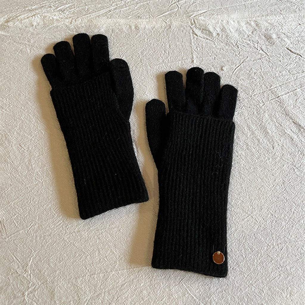 Convertible Fingerless Ribbed Knit Winter Gloves - Black