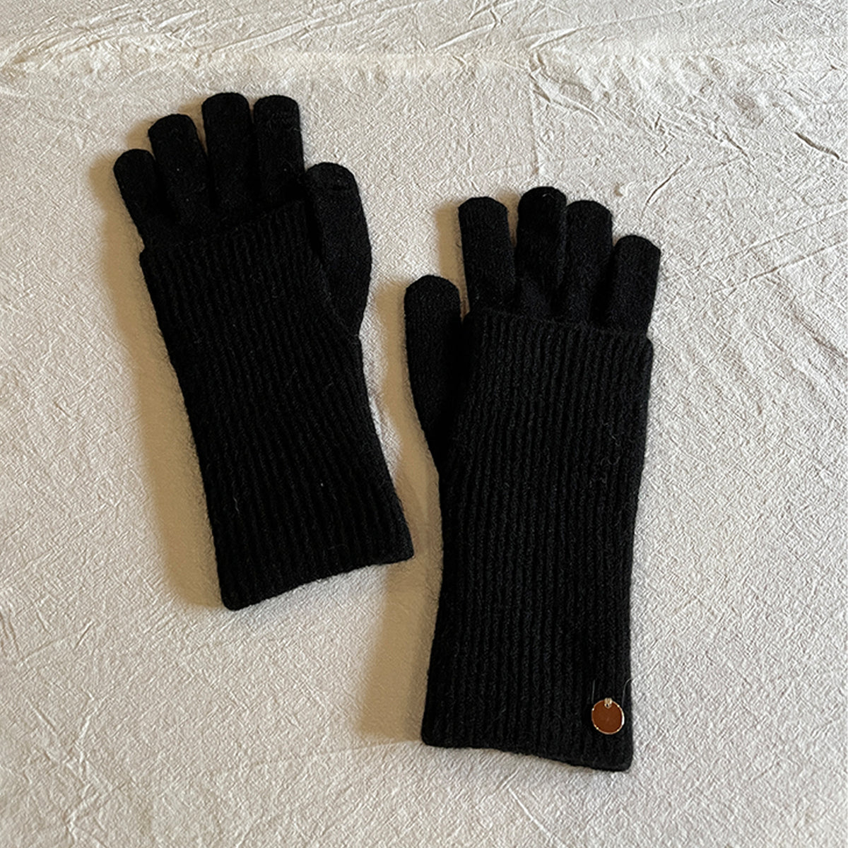 Convertible Fingerless Ribbed Knit Winter Gloves - Black