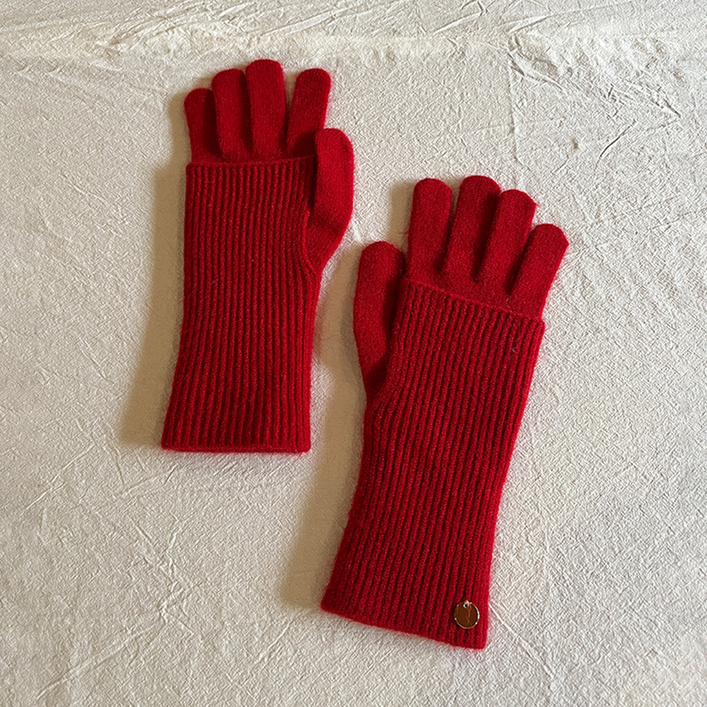 Convertible Fingerless Ribbed Knit Winter Gloves - Red