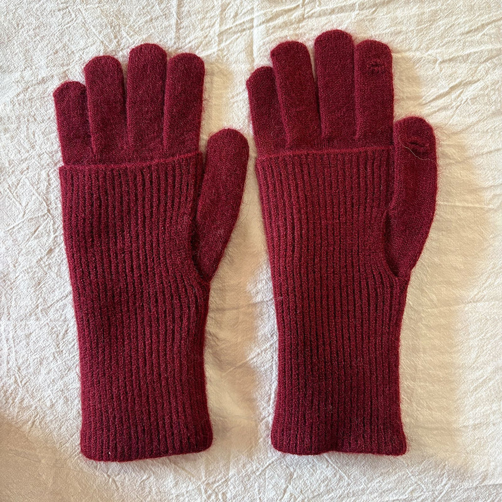 Convertible Fingerless Ribbed Knit Winter Gloves - WineRed
