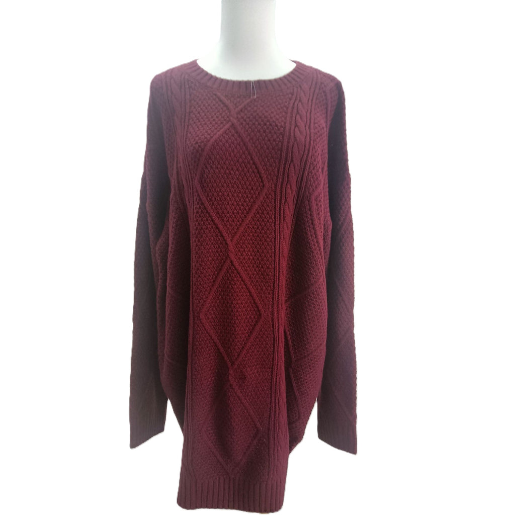 Textured Cable Knit Loose Sweater Dress - Red