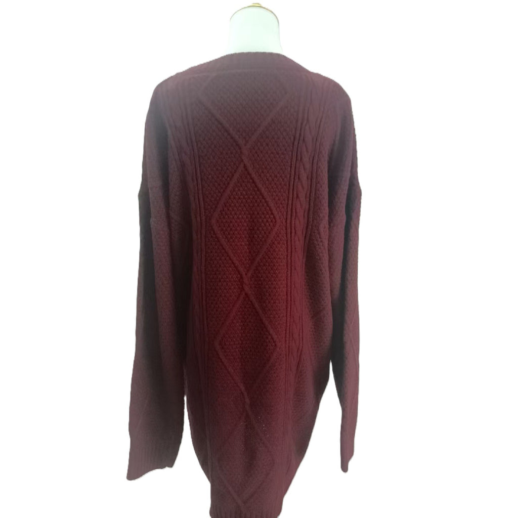 Textured Cable Knit Loose Sweater Dress - Red - 1
