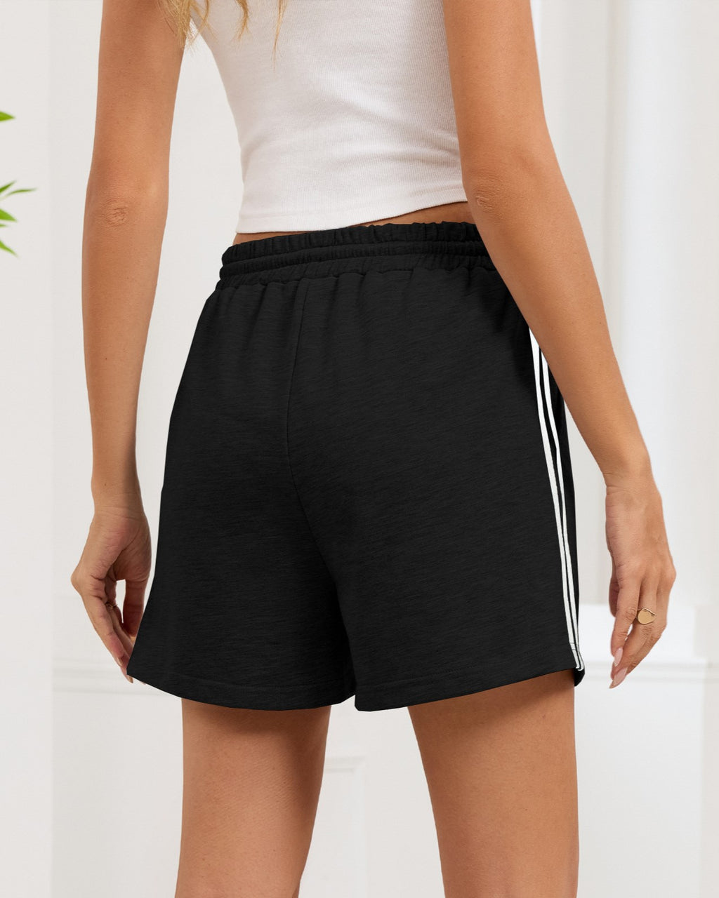 Side Stripe Drawstring Athletic Lounge Shorts - Black - 2