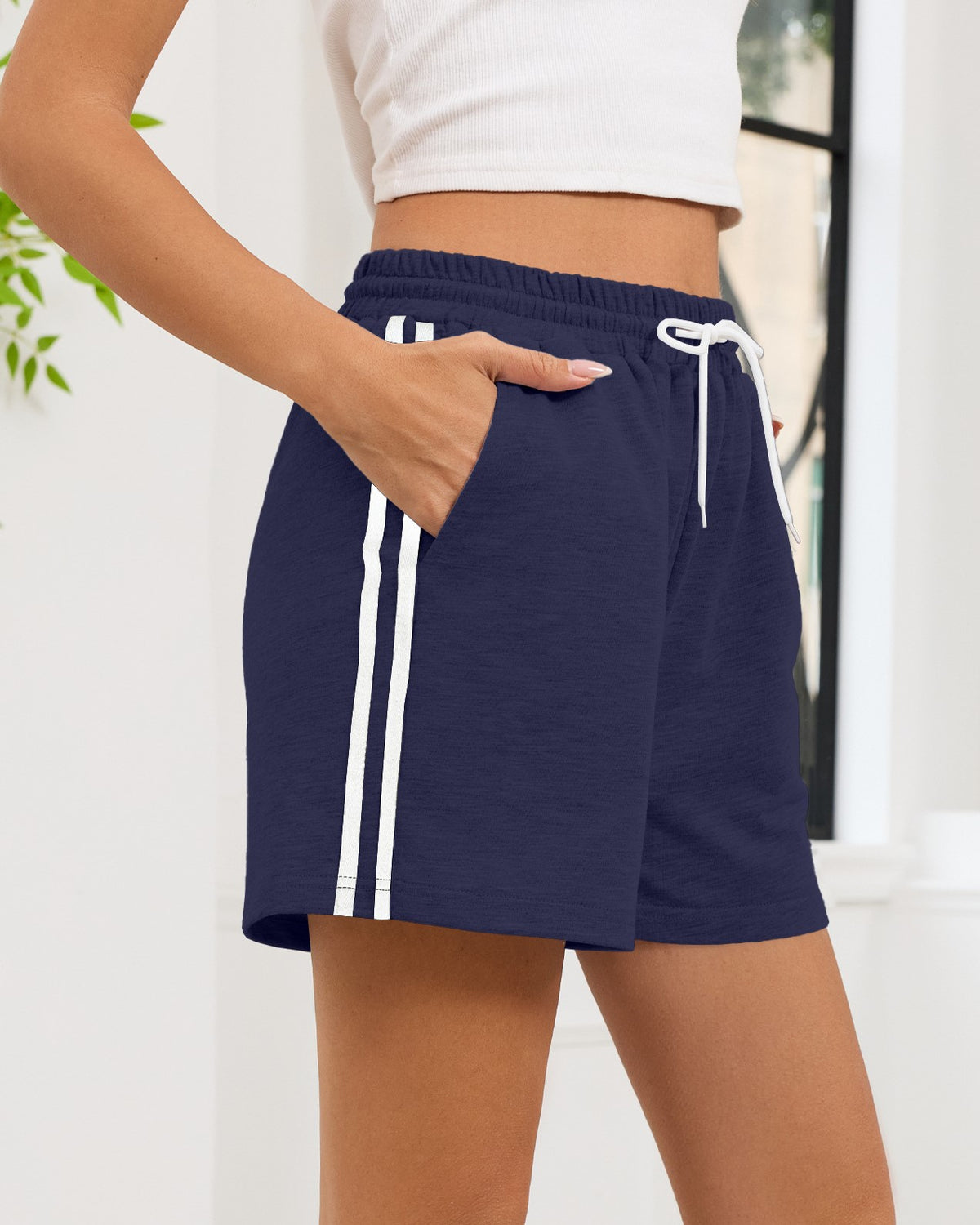 Side Stripe Drawstring Athletic Lounge Shorts - Navy