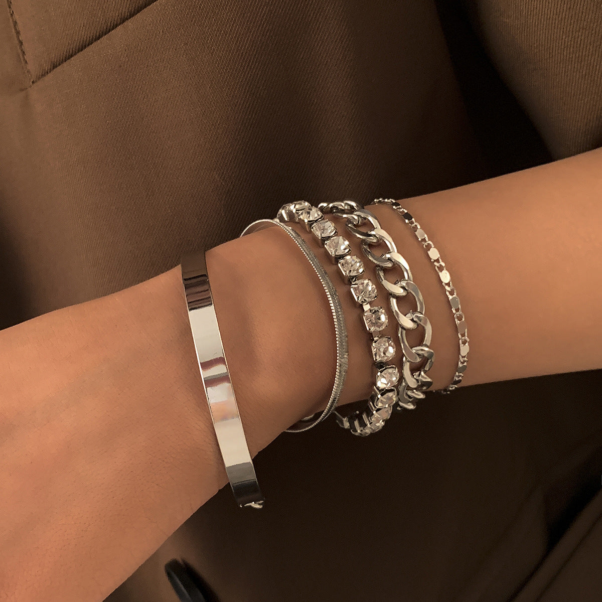 Five Piece Chain And Cuff Bracelet Set - Silver