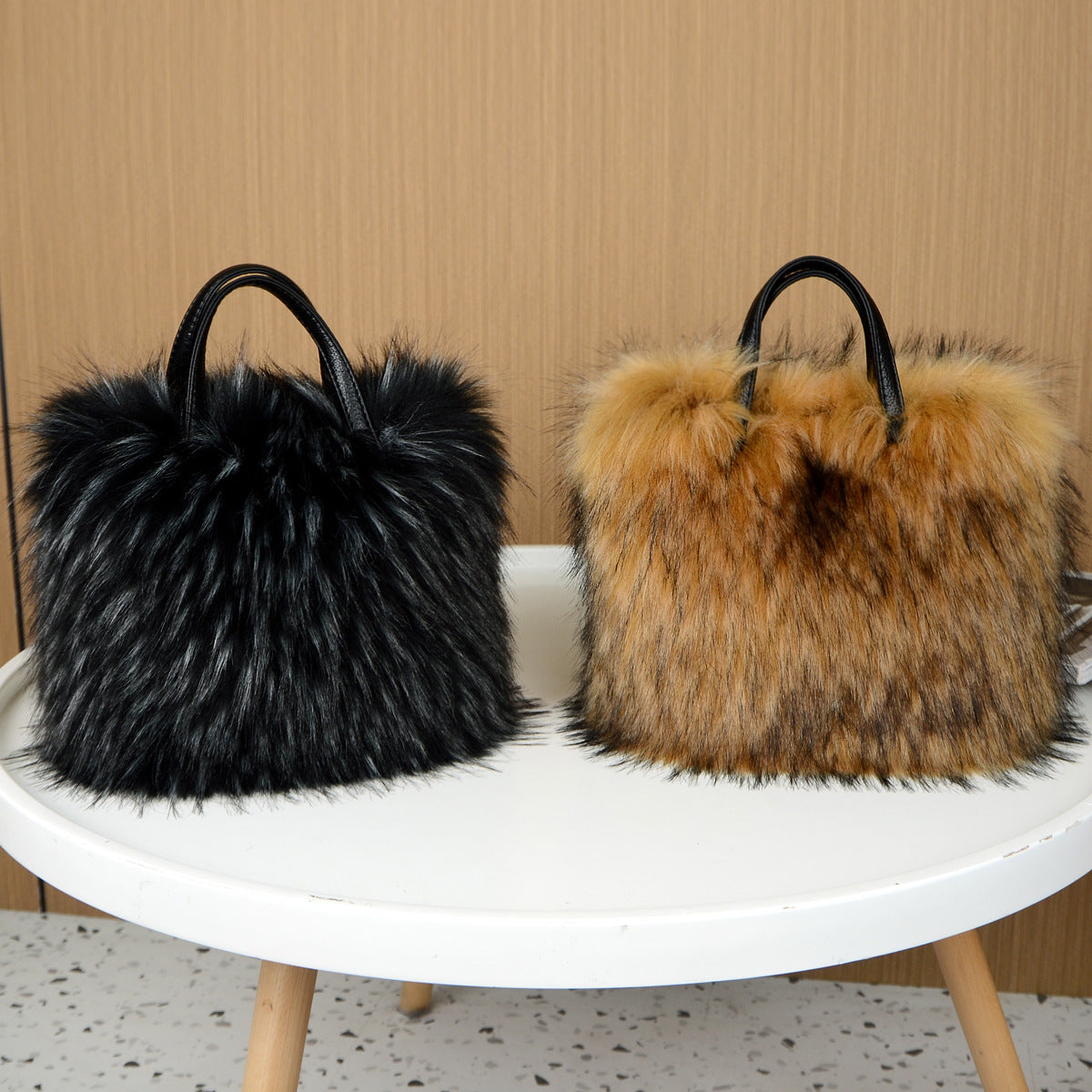Fluffy Faux Fur Mini Tote Handbag - Brown - 1