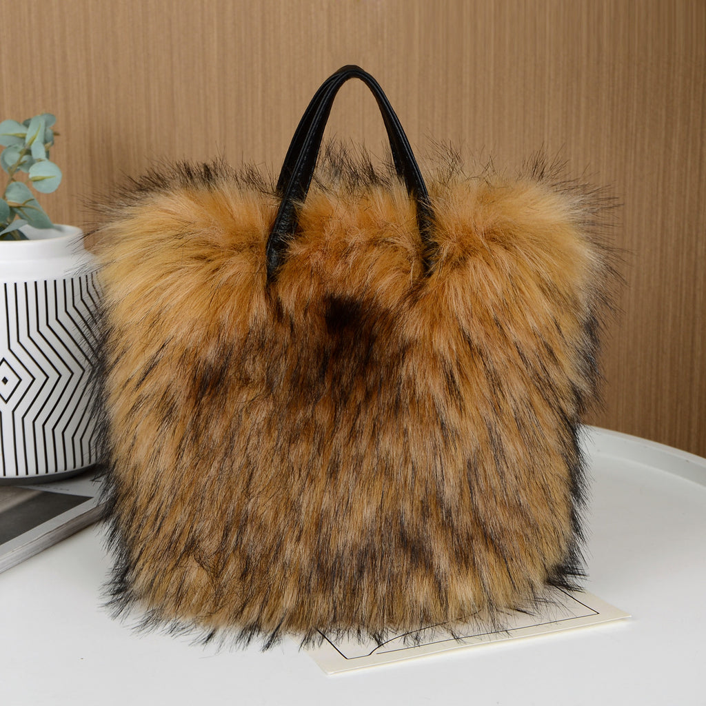 Fluffy Faux Fur Mini Tote Handbag - Brown - 2