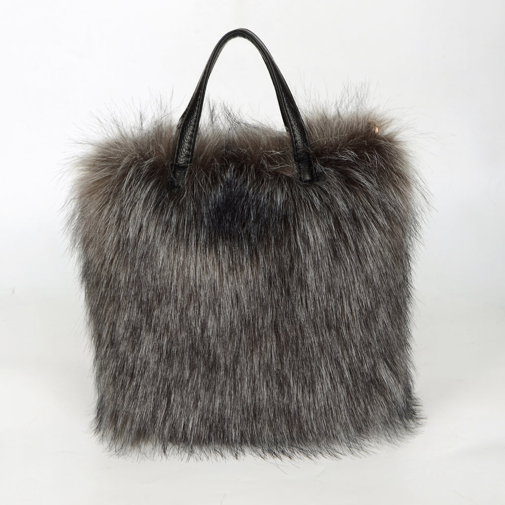 Fluffy Faux Fur Mini Tote Handbag - DarkGrey