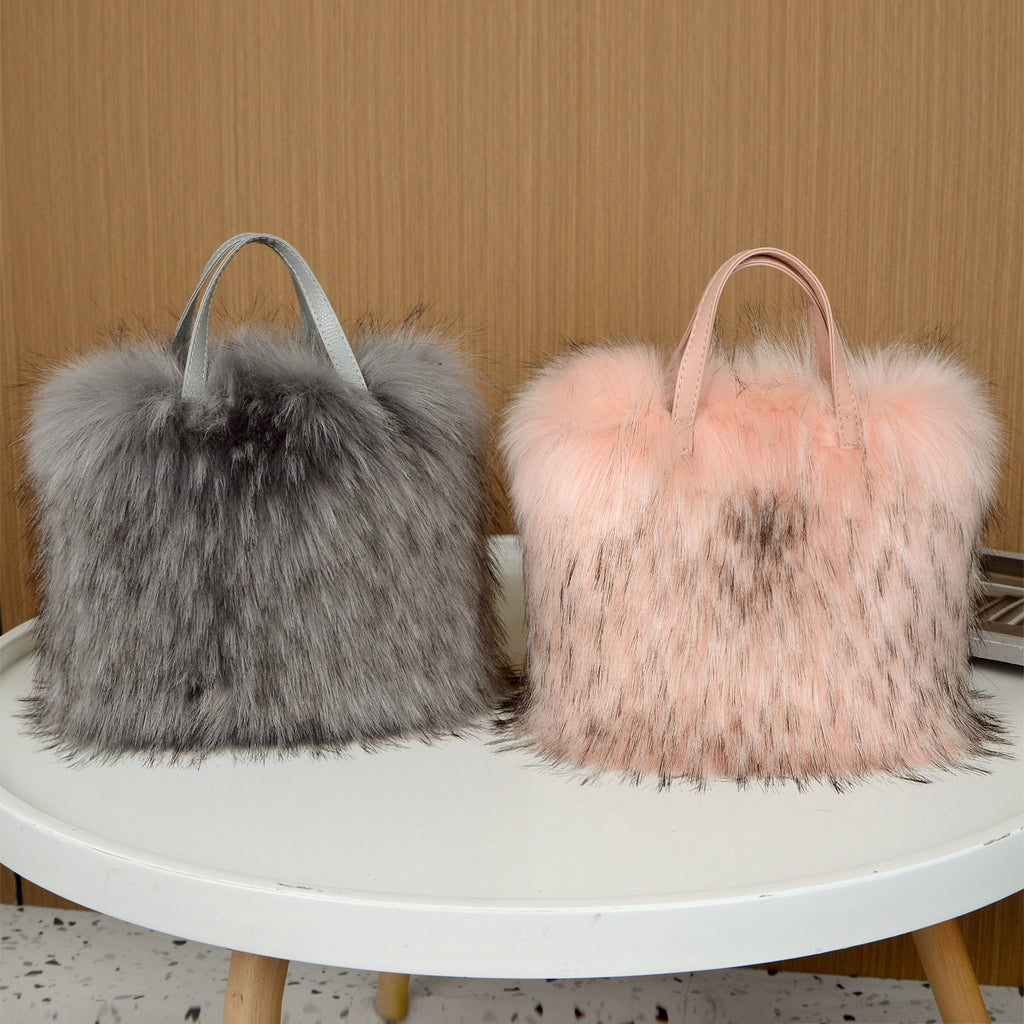 Fluffy Faux Fur Mini Tote Handbag - Grey