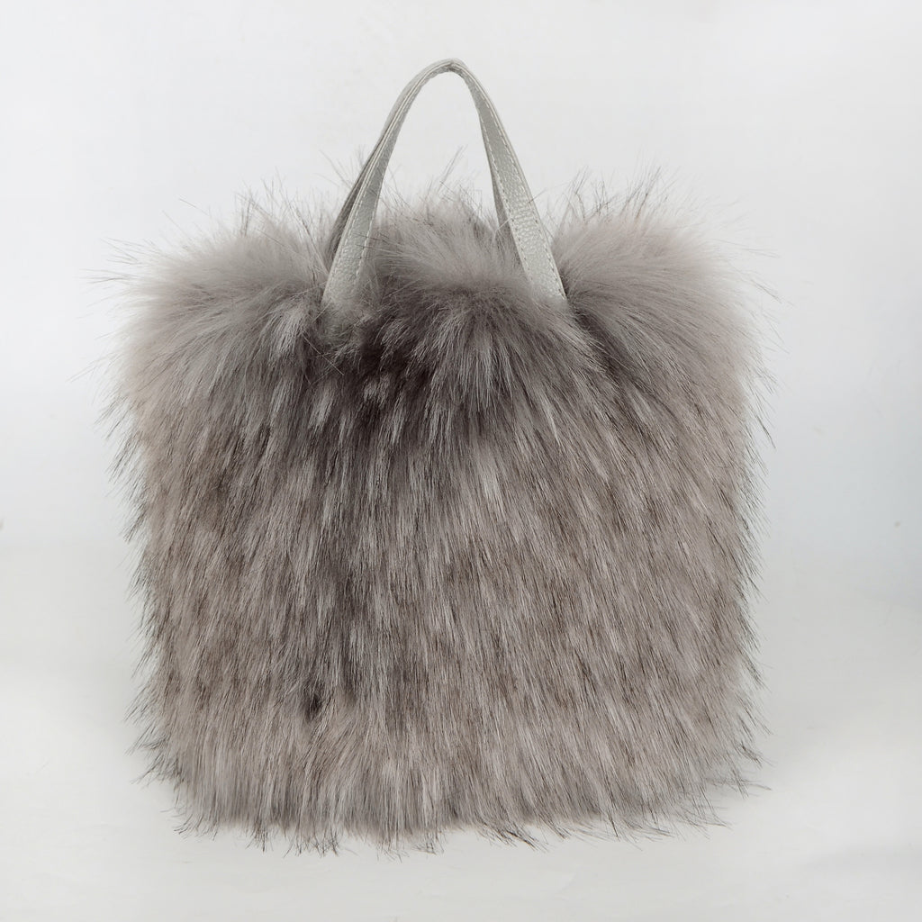 Fluffy Faux Fur Mini Tote Handbag - Grey - 1
