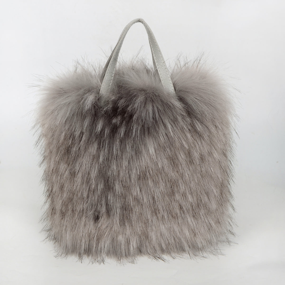 Fluffy Faux Fur Mini Tote Handbag - Grey - 1
