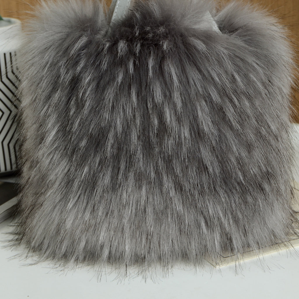 Fluffy Faux Fur Mini Tote Handbag - Grey - 2