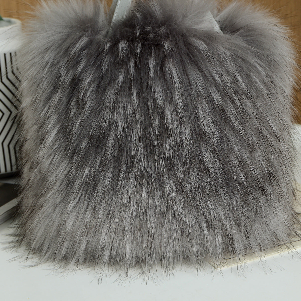 Fluffy Faux Fur Mini Tote Handbag - Grey - 2