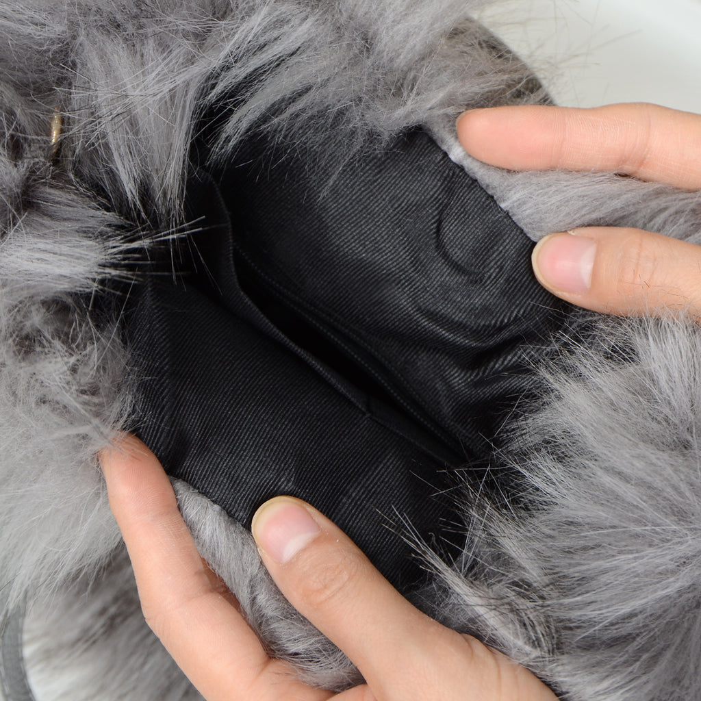 Fluffy Faux Fur Mini Tote Handbag - Grey - 3