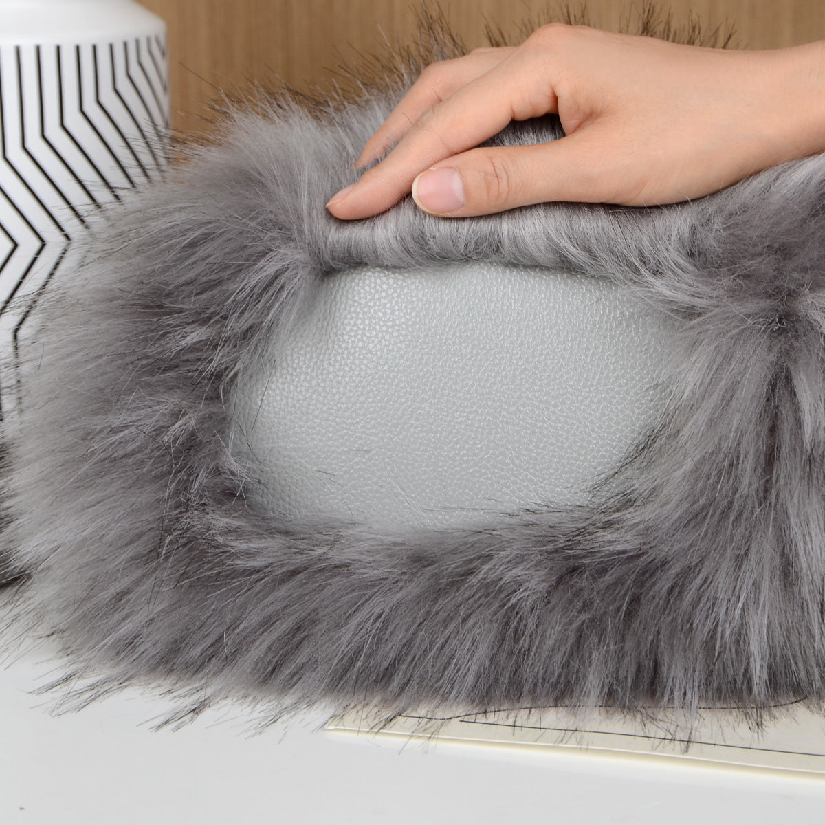 Fluffy Faux Fur Mini Tote Handbag - Grey - 5