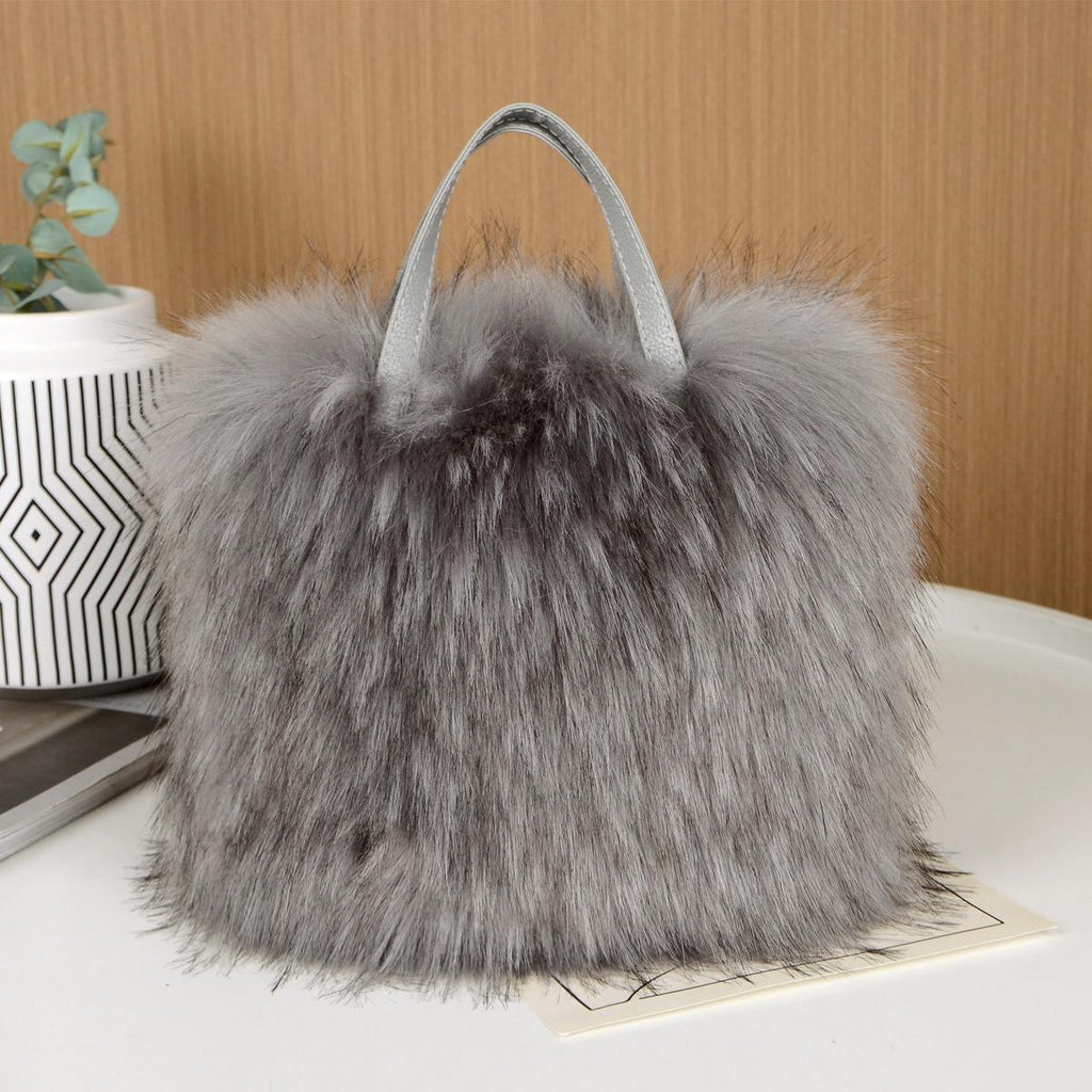 Fluffy Faux Fur Mini Tote Handbag - Grey - 6