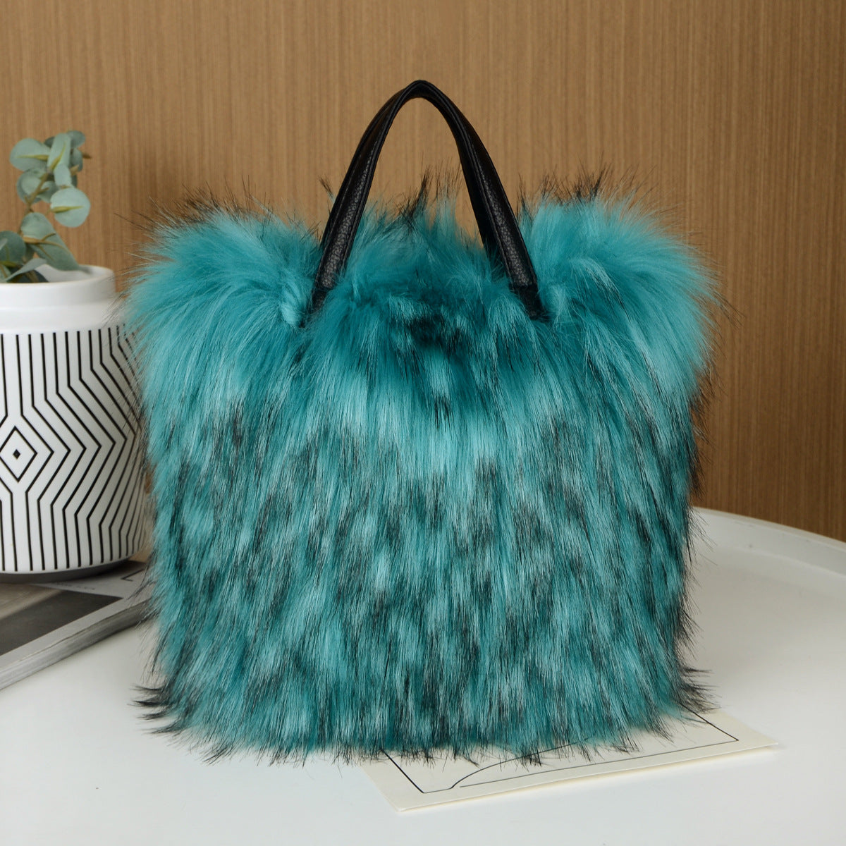 Fluffy Faux Fur Mini Tote Handbag - LakeBlue - 1