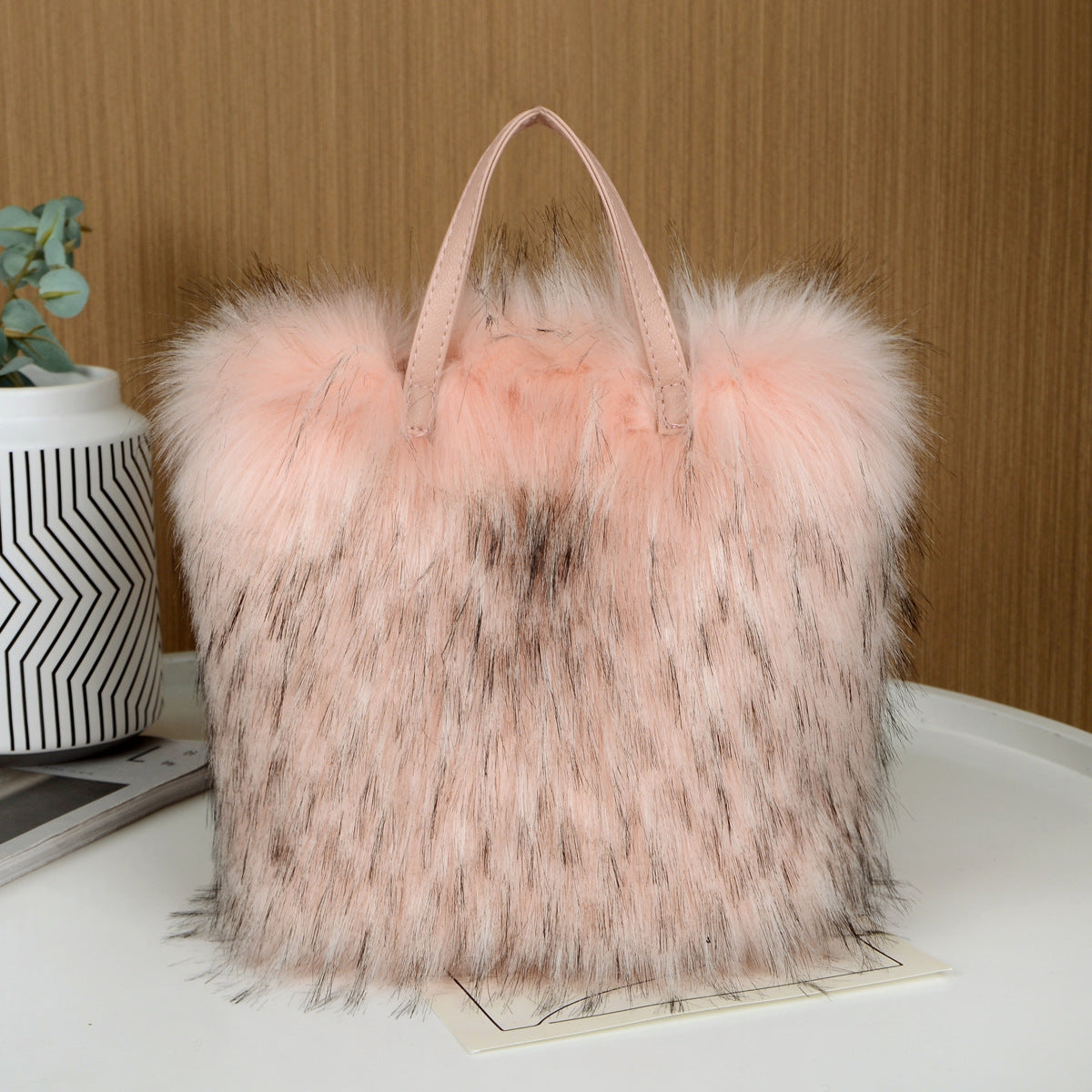 Fluffy Faux Fur Mini Tote Handbag - Pink - 1