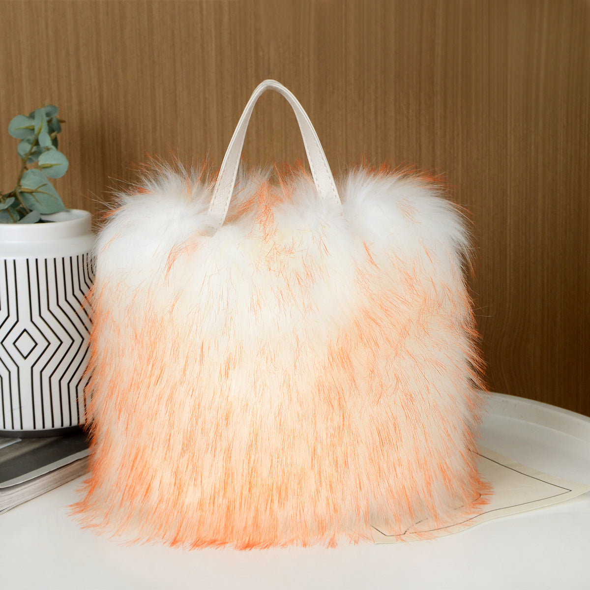 Fluffy Faux Fur Mini Tote Handbag - Yellow - 1