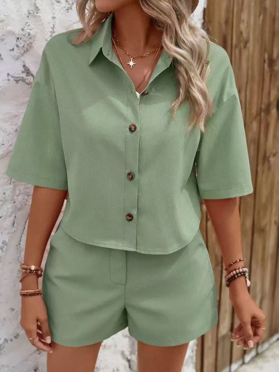 Collared Crop Shirt and High Waist Shorts Set - Green