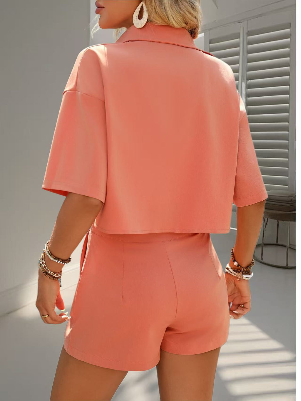Collared Crop Shirt and High Waist Shorts Set - view 1