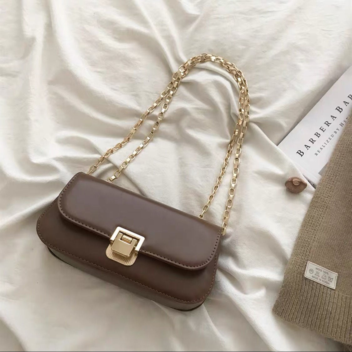 Mini Baguette Shoulder Bag With Chain Strap - Coffee