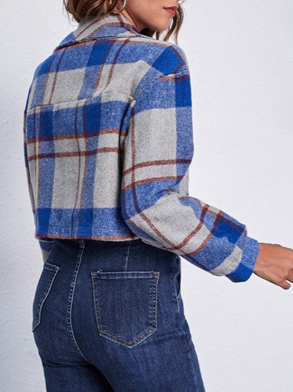 Boxy Cropped Check Flannel Shacket With Pockets - Blue - 1