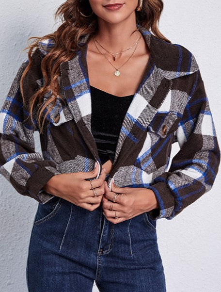Boxy Cropped Check Flannel Shacket With Pockets - Brown - 1