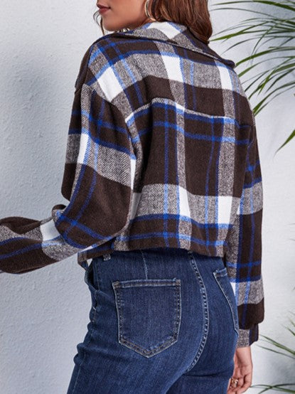 Boxy Cropped Check Flannel Shacket With Pockets - Brown - 2