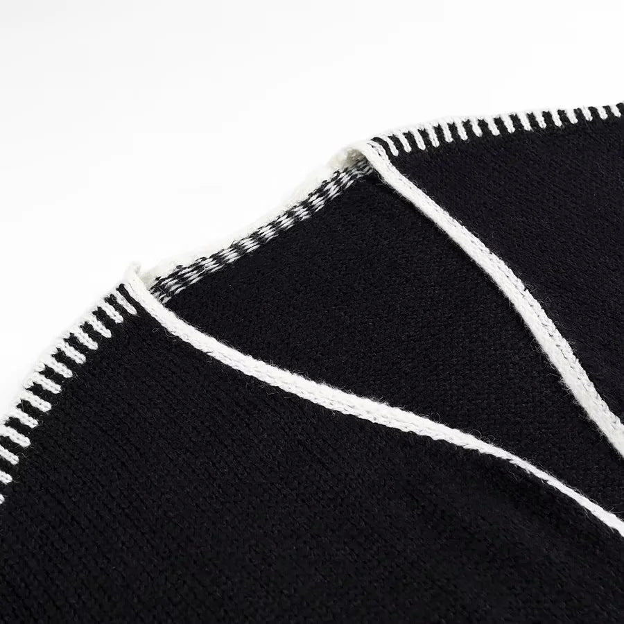 Contrast Whipstitch Trim Open Cardigan - Black