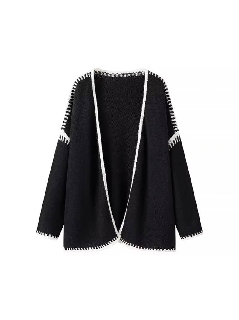 Contrast Whipstitch Trim Open Cardigan