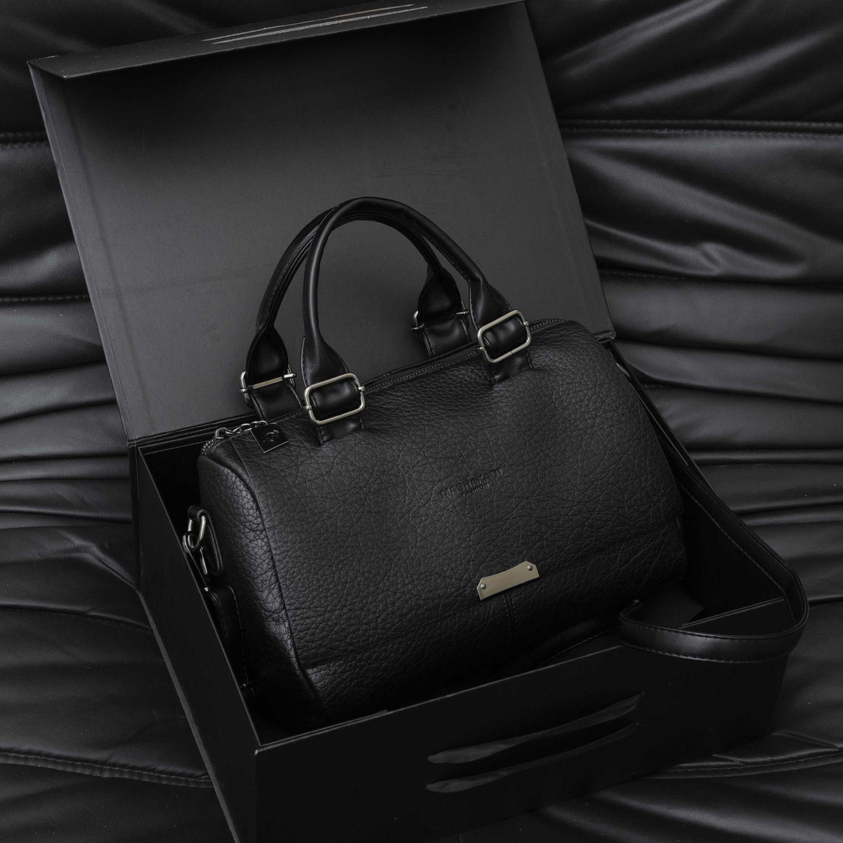 Pebbled Faux Leather Boston Bag With Shoulder Strap - Black