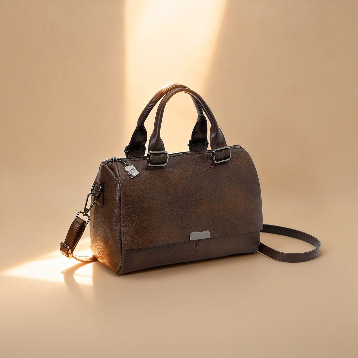 Pebbled Faux Leather Boston Bag With Shoulder Strap