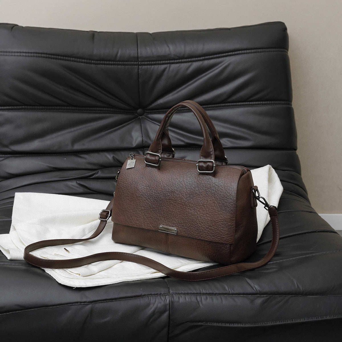 Pebbled Faux Leather Boston Bag With Shoulder Strap