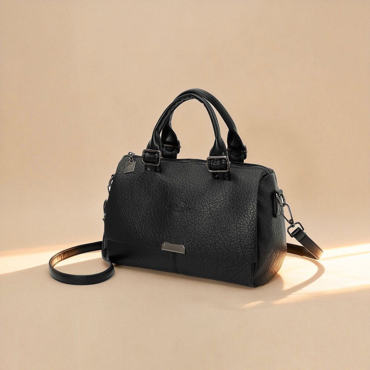 Pebbled Faux Leather Boston Bag With Shoulder Strap