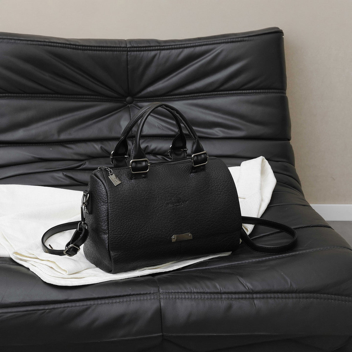 Pebbled Faux Leather Boston Bag With Shoulder Strap