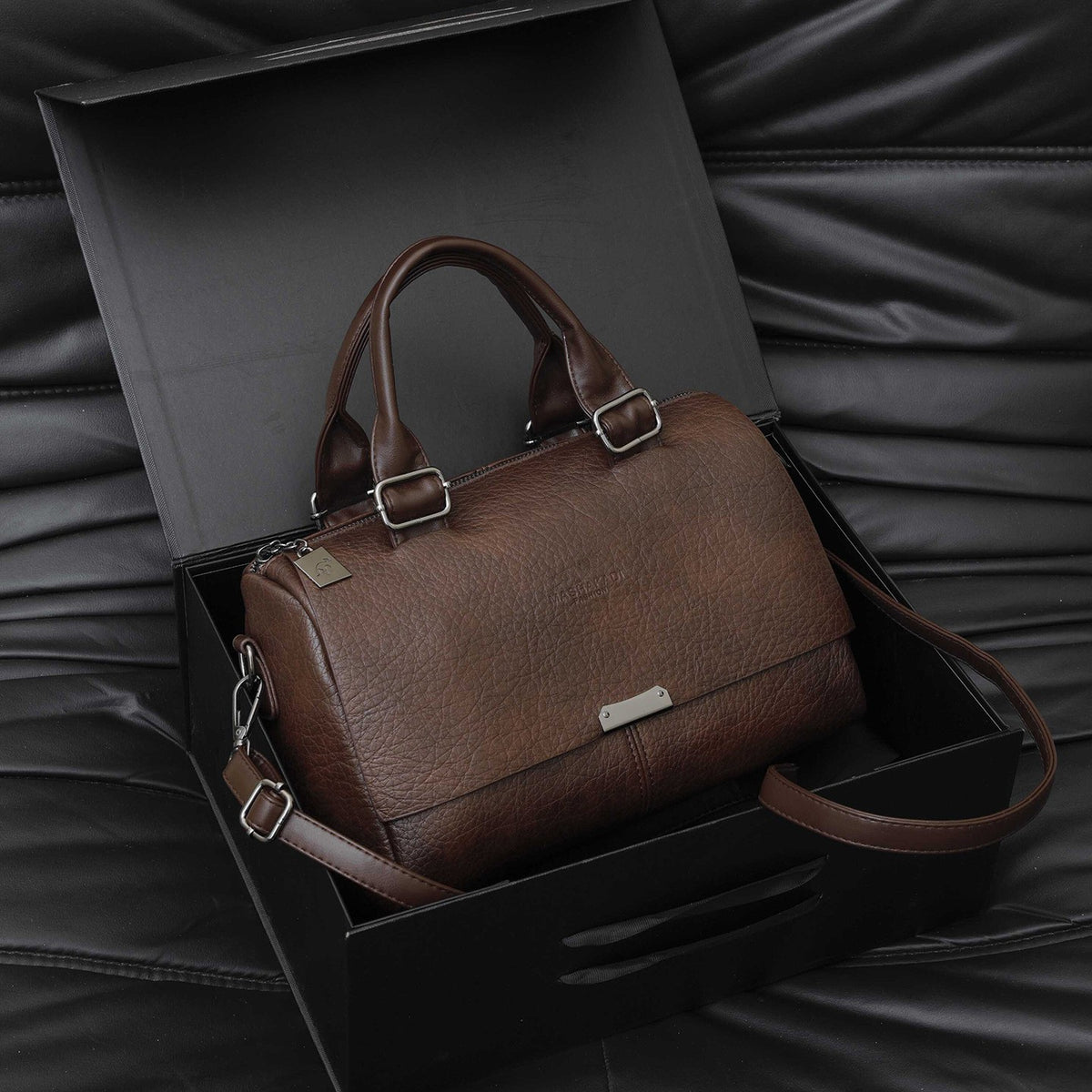 Pebbled Faux Leather Boston Bag With Shoulder Strap