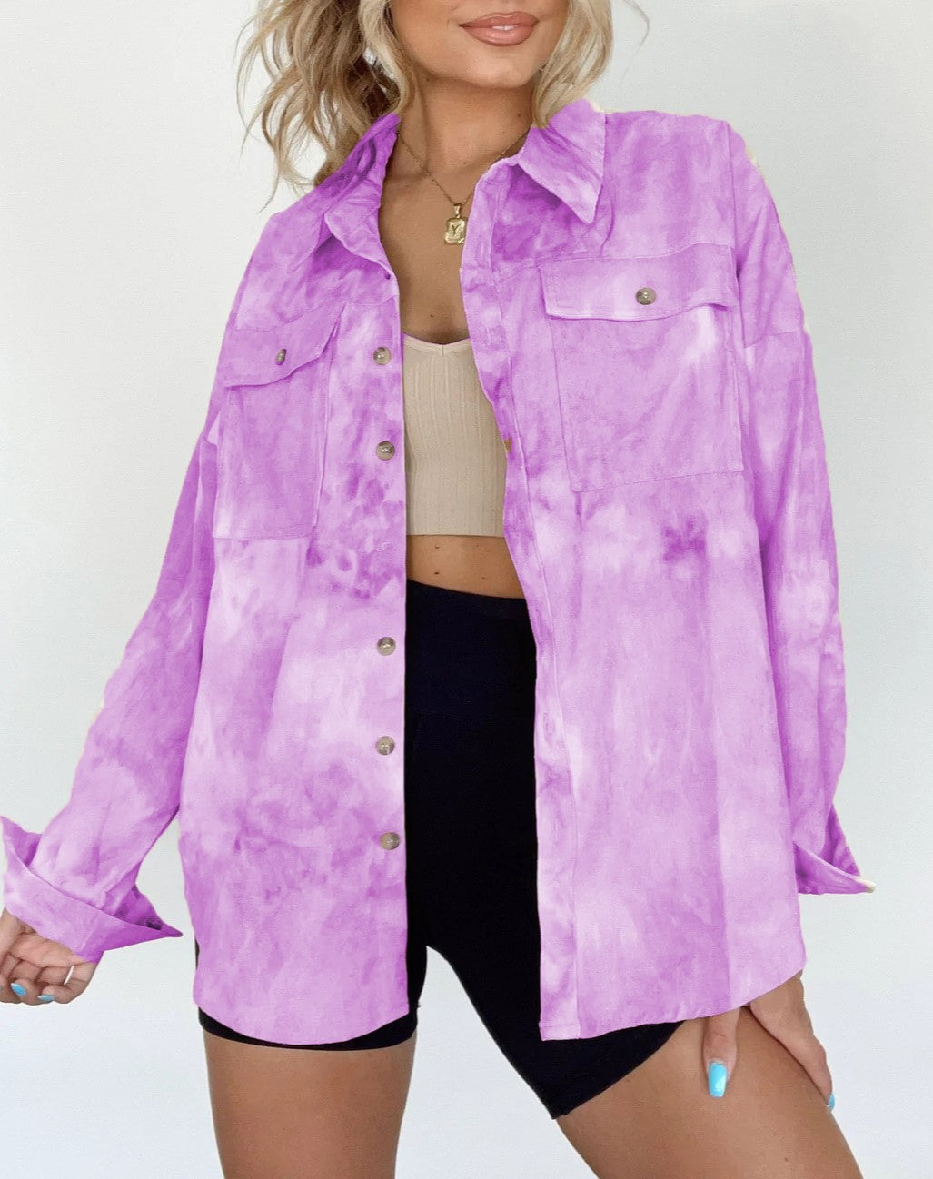 Tie Dye Oversized Button Down Shirt - Purple