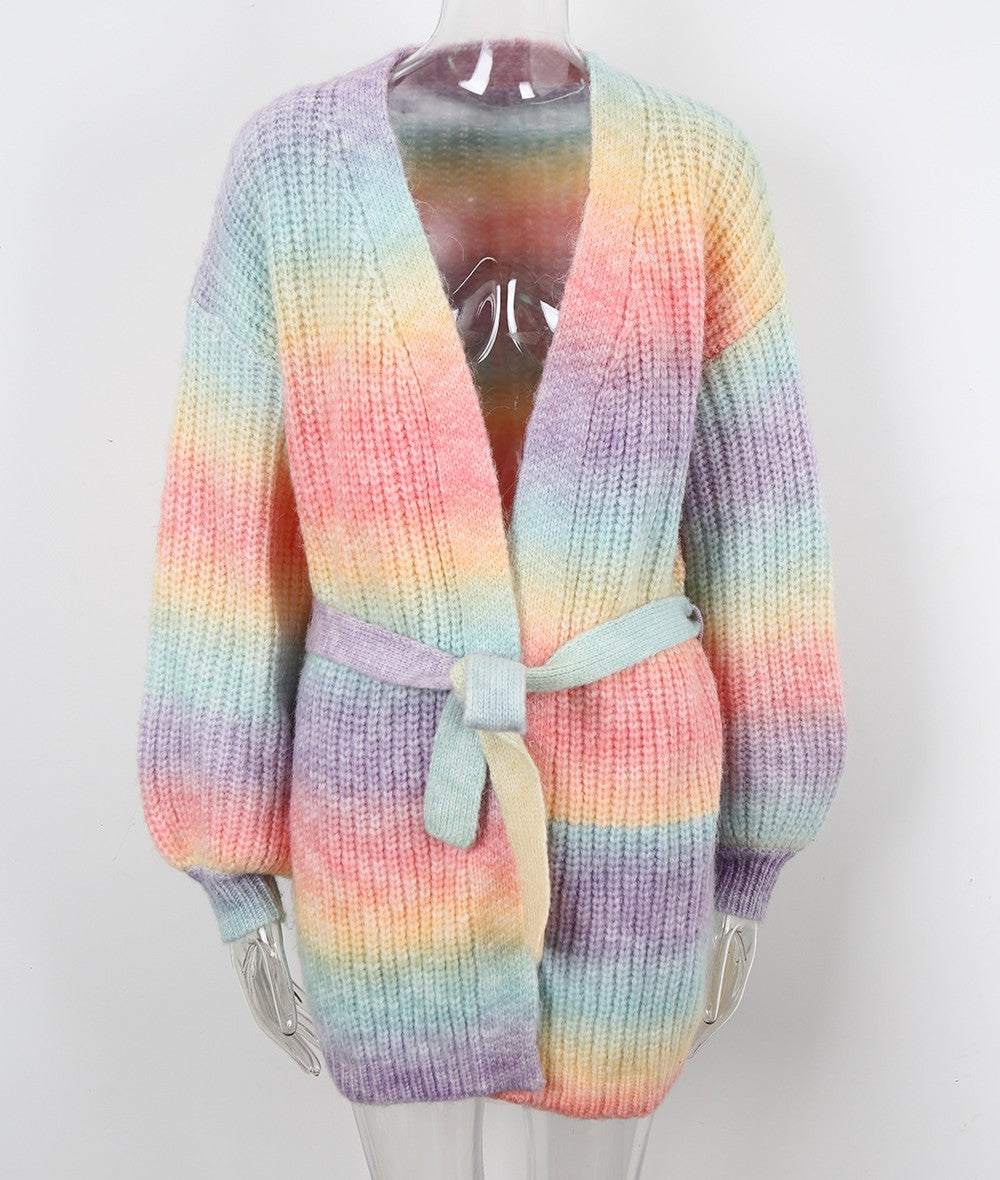 Ombre Stripe Belted Longline Knit Cardigan - Pink