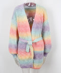 Ombre Stripe Belted Longline Knit Cardigan - Pink