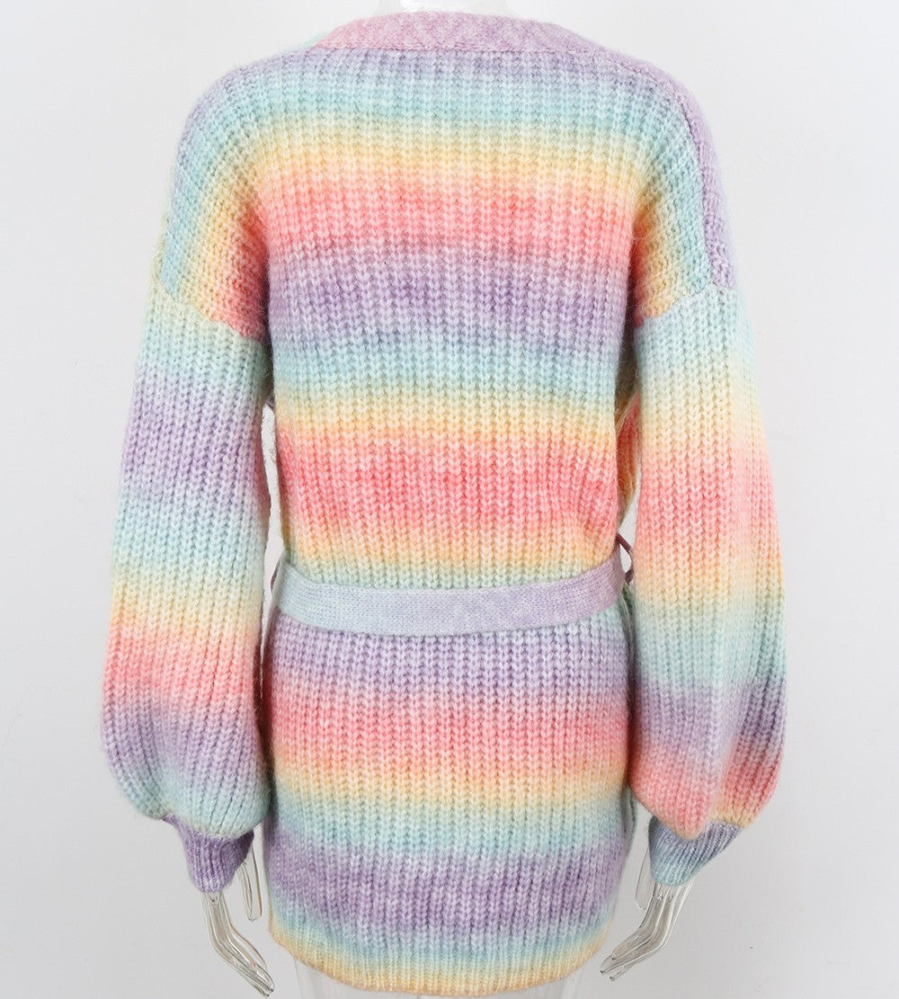 Ombre Stripe Belted Longline Knit Cardigan - Pink - 1
