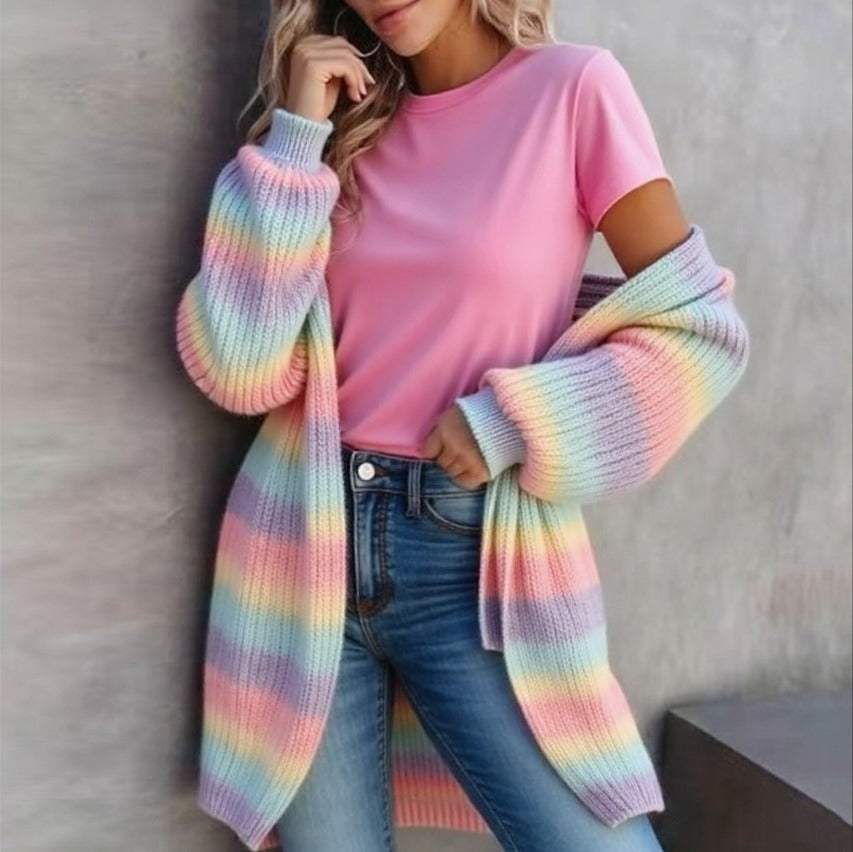 Ombre Stripe Belted Longline Knit Cardigan