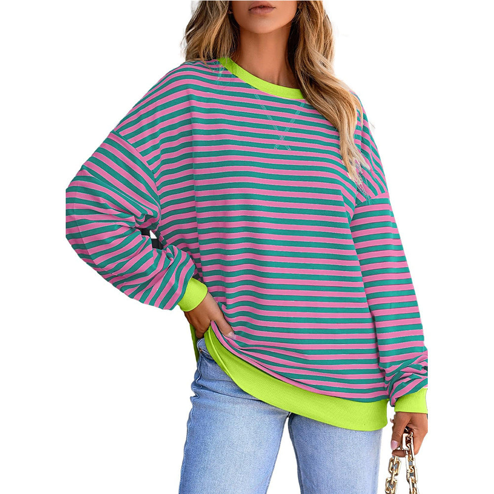 Neon Trim Stripe Drop Shoulder Sweatshirt - Fuchsia-G