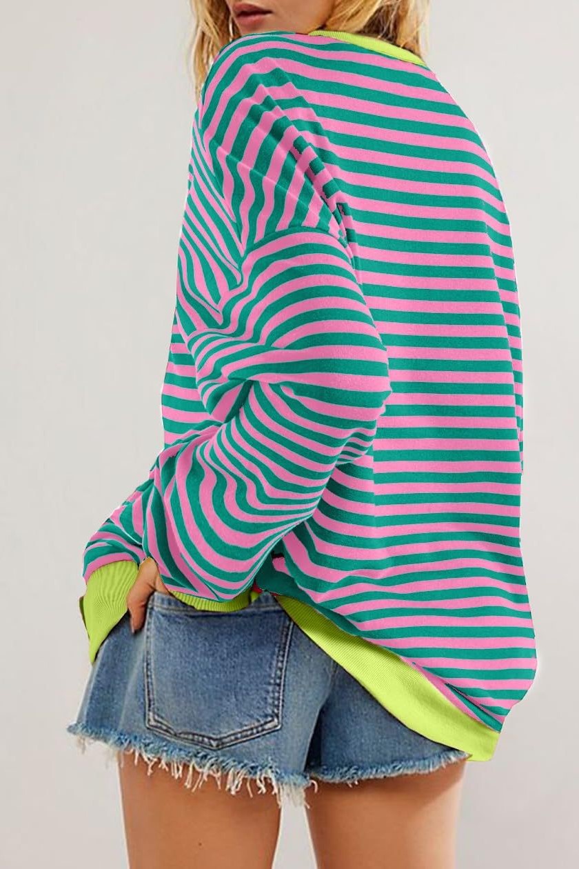 Neon Trim Stripe Drop Shoulder Sweatshirt - Fuchsia-G - 1