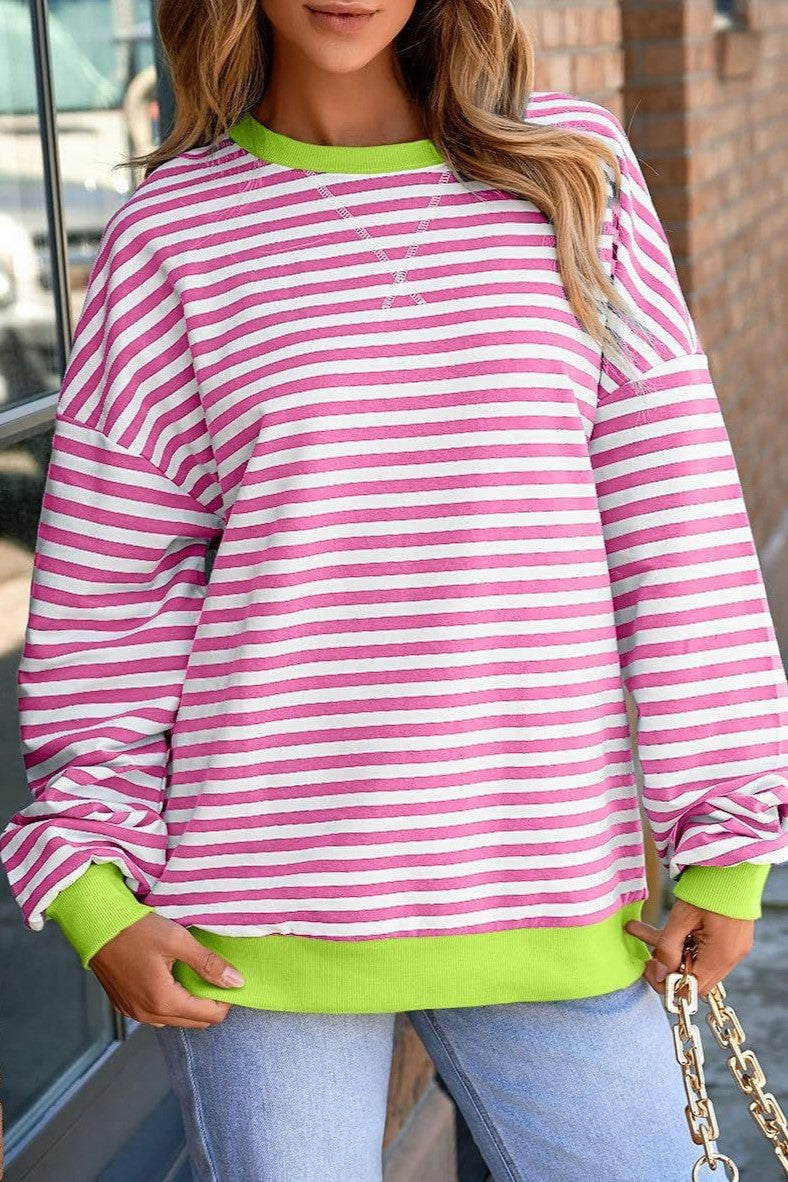 Neon Trim Stripe Drop Shoulder Sweatshirt - Pink White