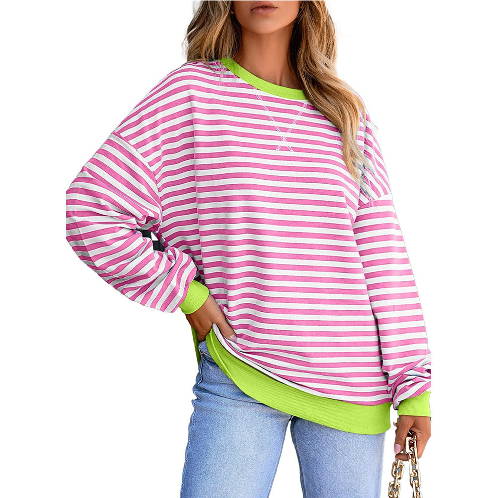 Neon Trim Stripe Drop Shoulder Sweatshirt - Pink White - 1