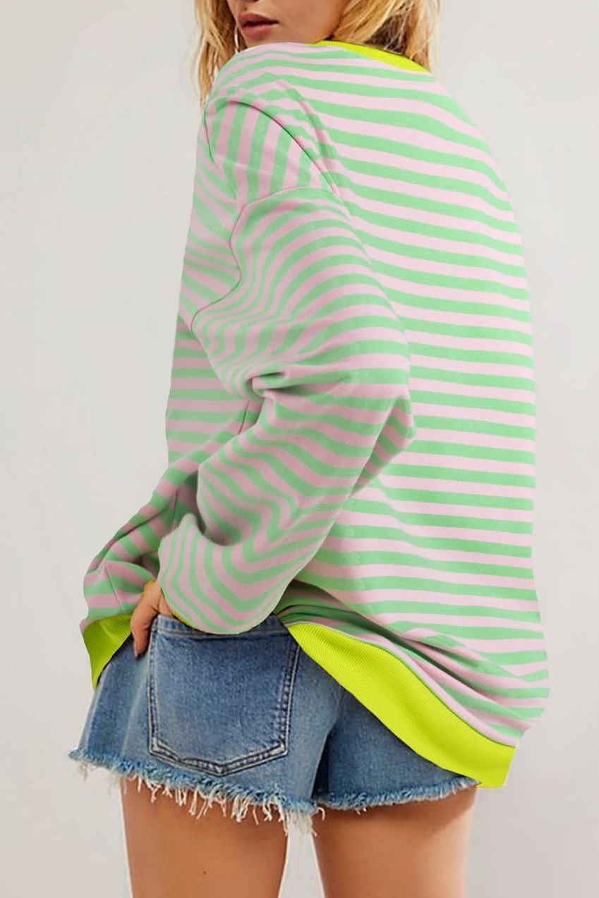 Neon Trim Stripe Drop Shoulder Sweatshirt - Pink green - 2