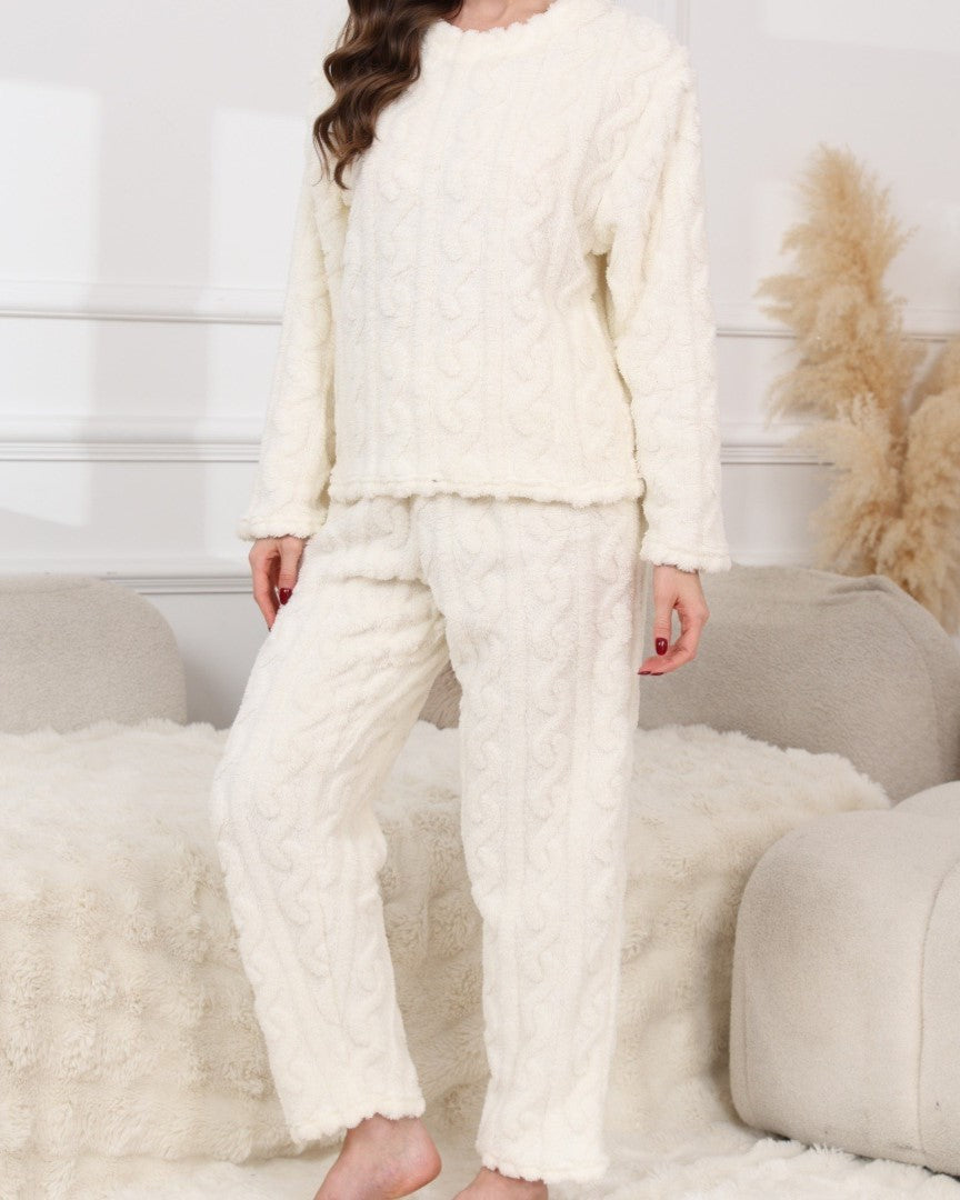 Cable Knit Fleece Pajama Lounge Set - Beige - 2