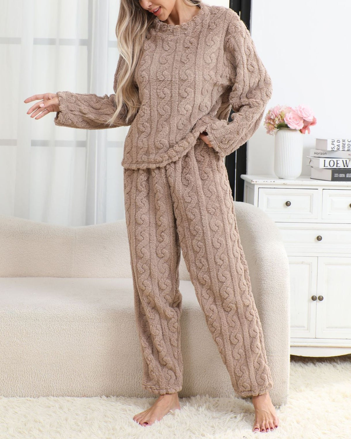 Cable Knit Fleece Pajama Lounge Set - Khaki